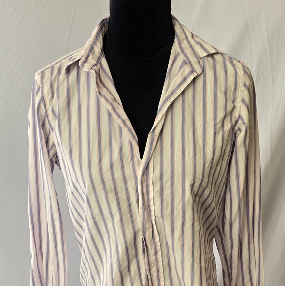 Frank & Eileen women S greyson blue pink white stripe shirt high low back Italy, - Picture 4 of 11
